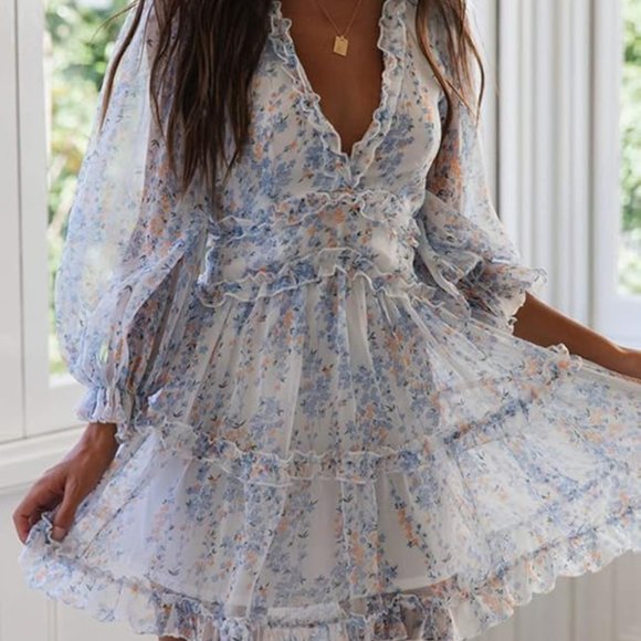 Amazon Eytino Women Bohemian Floral Printed Deep V Neck Long Sleeve Mini Dress M - Picture 2 of 11